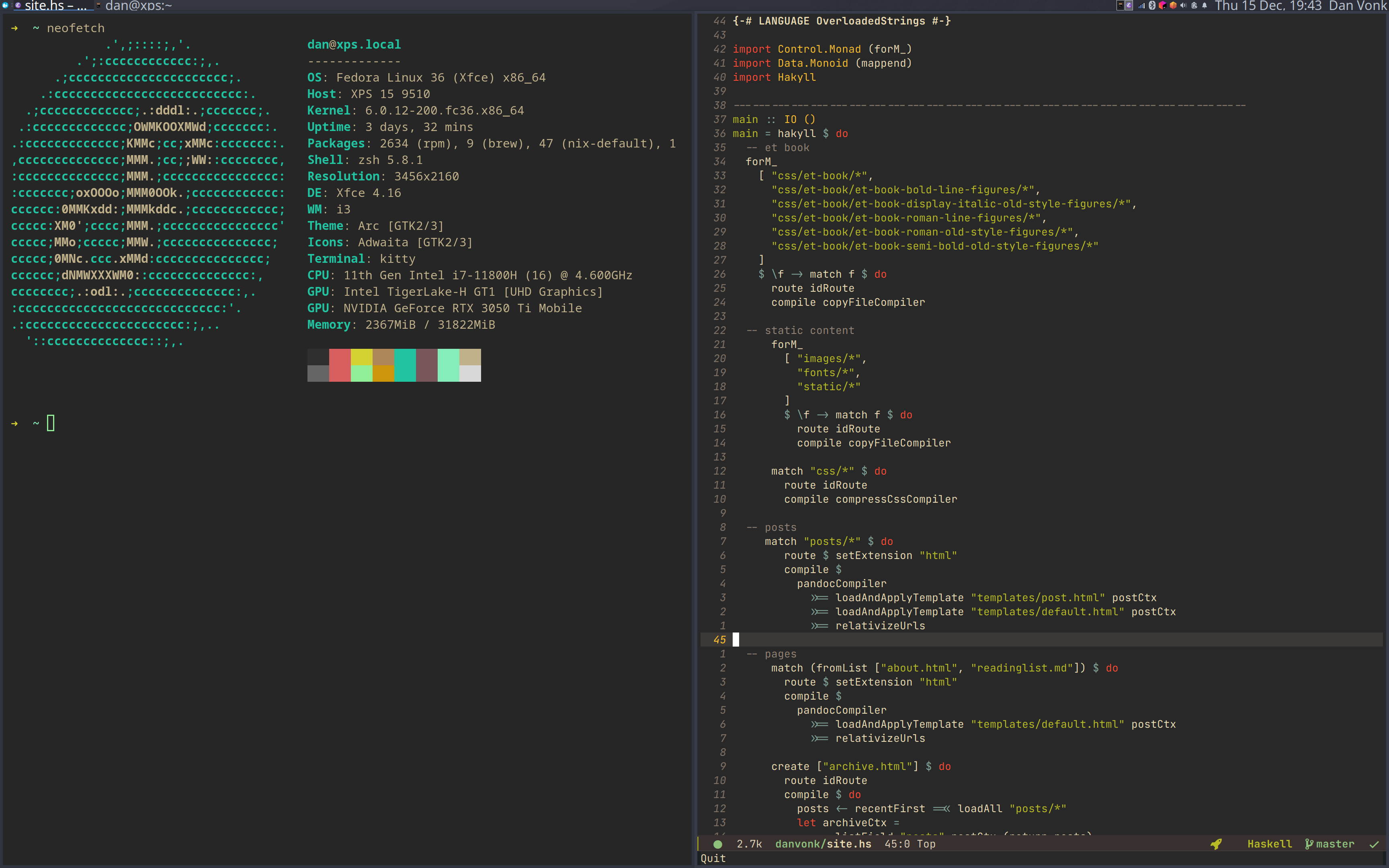 Typical split-screen configuration of my WM. Two windows side-by-side in the WM.